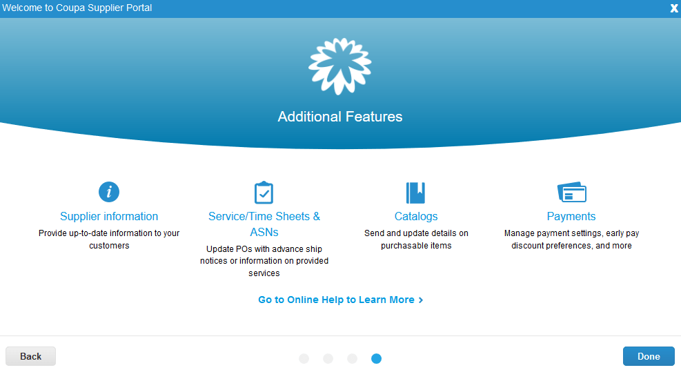 Screenshot of Additional Features page on the Coupa Supplier Portal.